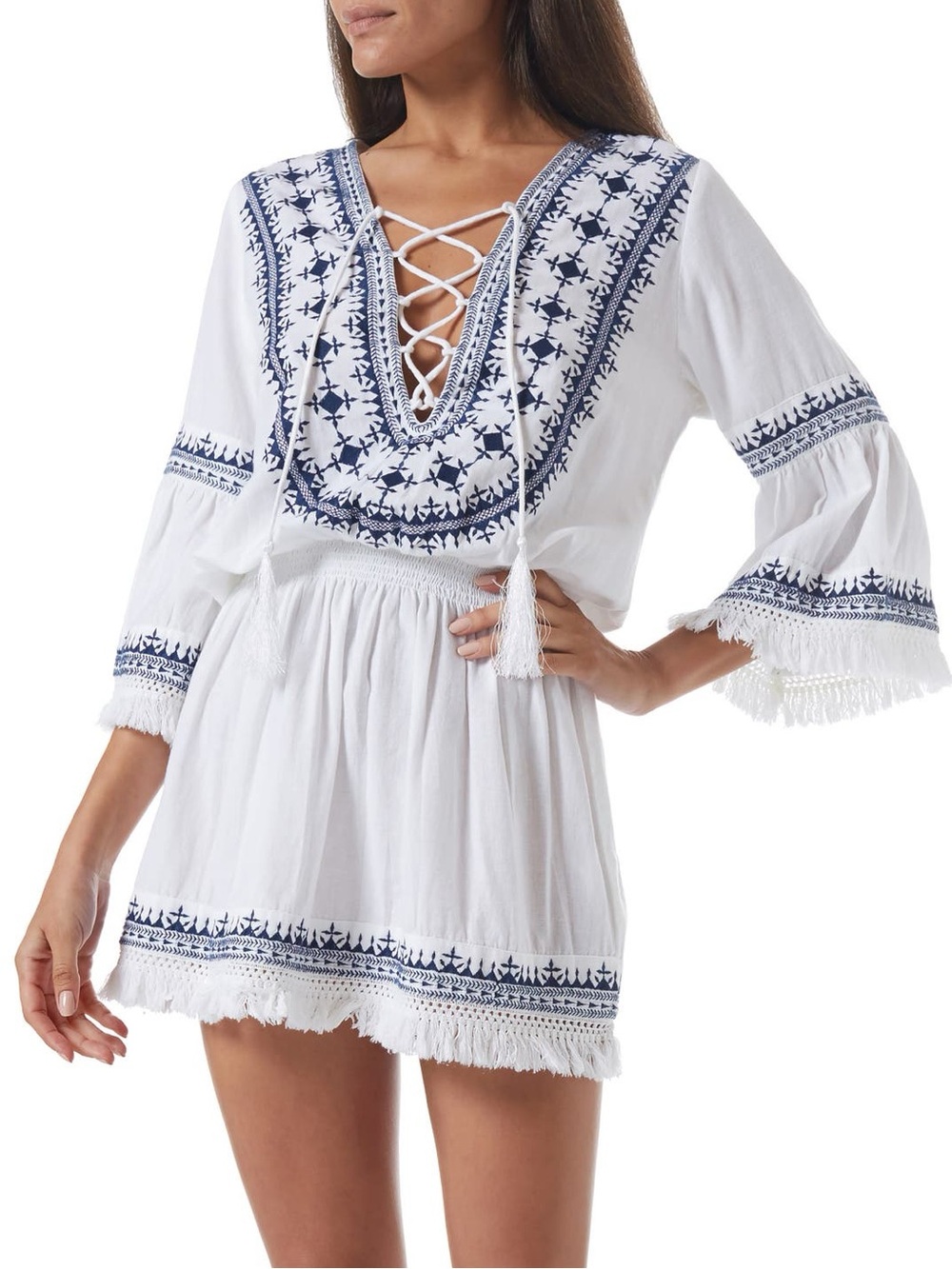 Martina Embroidered Lace-Up Linen & Cotton Cover-Up Dress size medium
